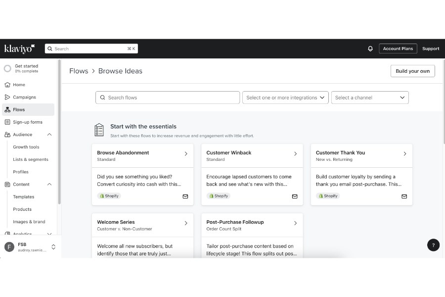 Klaviyo's campaign dashboard with various automation templates.