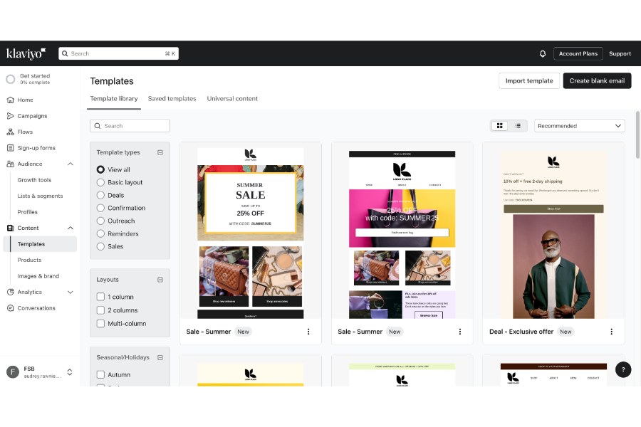 Browsing different email templates inside Klaviyo's template library.