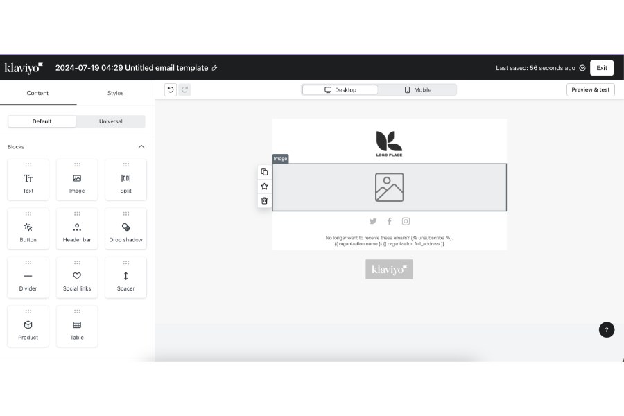 Building an email campaign inside Klaviyo's email editor.