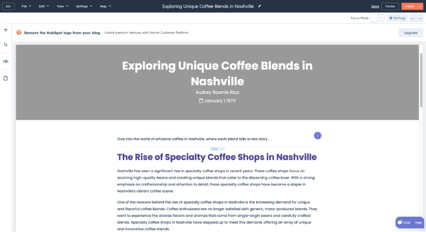 A blog post generated by HubSpot's AI Blog Writer about coffee shops in Nashville.