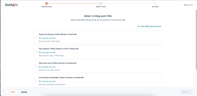 Blog post title ideas generated by HubSpot's AI Blog Writer.