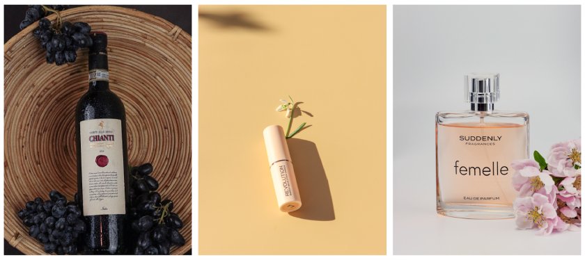 Examples of product photography: wine, makeup, and perfume from Nicoleta Frone's website.
