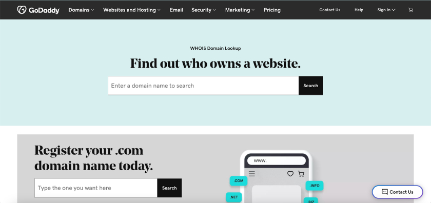 GoDaddy's domain lookup interface and web landing page with search bar.