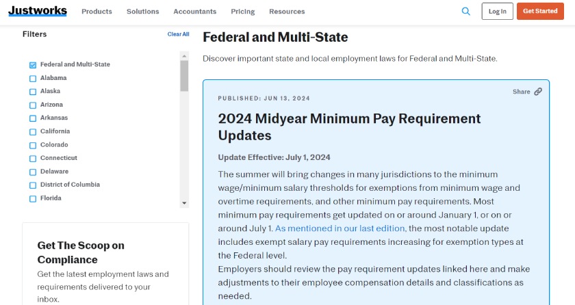Justworks webpage where it shares updates to employment laws and other regulatory requirements.
