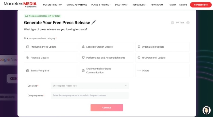 MarketersMEDIA's AI press release generator with different categories.