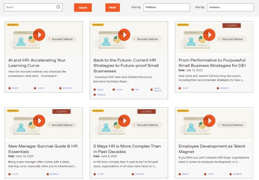 Mineral webinars page has a search and filter bar at the top and a list of on-demand videos underneath it.