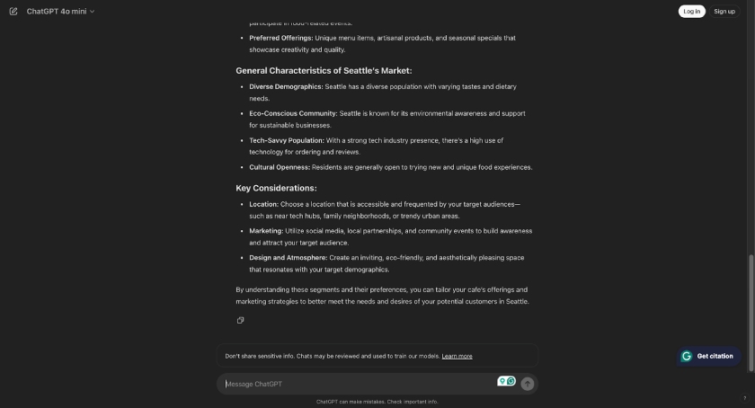 Other research and key considerations generated by ChatGPT for a target audience.