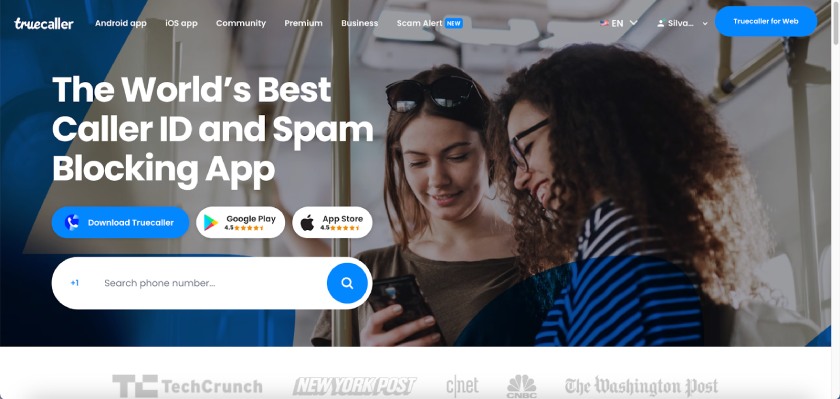 The Truecaller home page with phone number search bar.