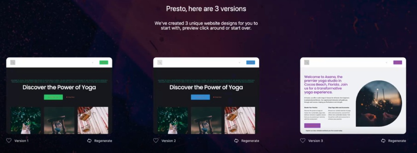 Three sample WordPress websites generated by Bluehost's AI.