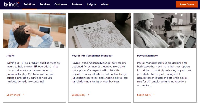 TriNet HR Plus webpage that shows details of its HR audit and outsourced payroll management services.