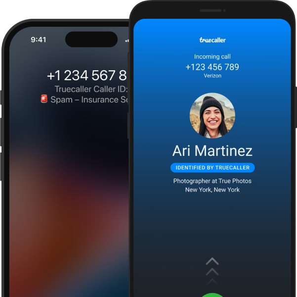Truecaller's mobile app interface with caller information displayed.