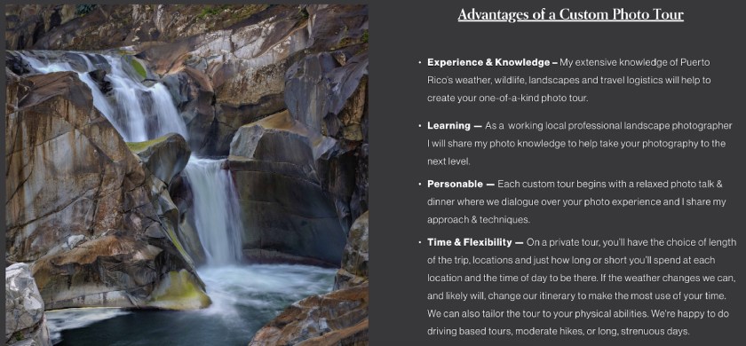 Webpage featuring the advantages of a custom photo tour on Puerto Rico Photo Adventures' website.