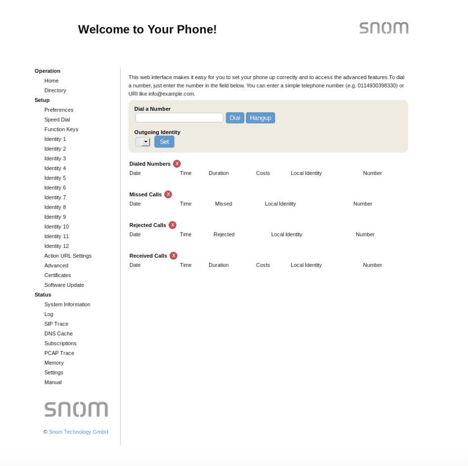 Snom's login web browser registration interface.