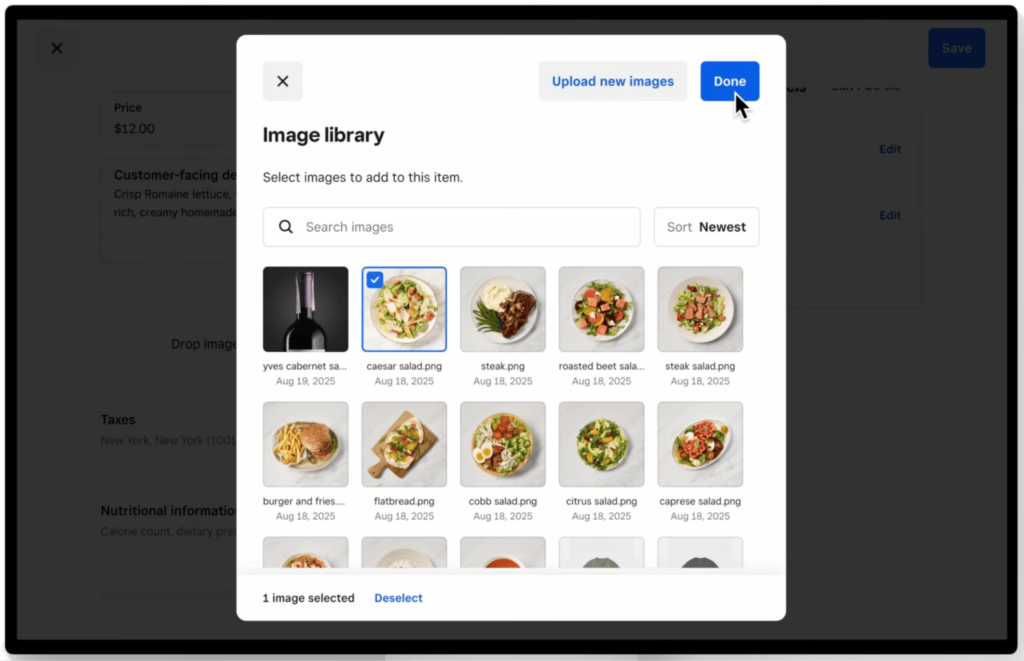 Square image library showing product photos available to assign to an item