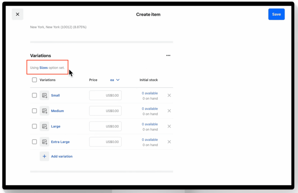 Square item editor displaying variation list with prices and initial stock fields