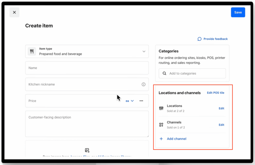 Square item editor showing locations and sales channels selection panel