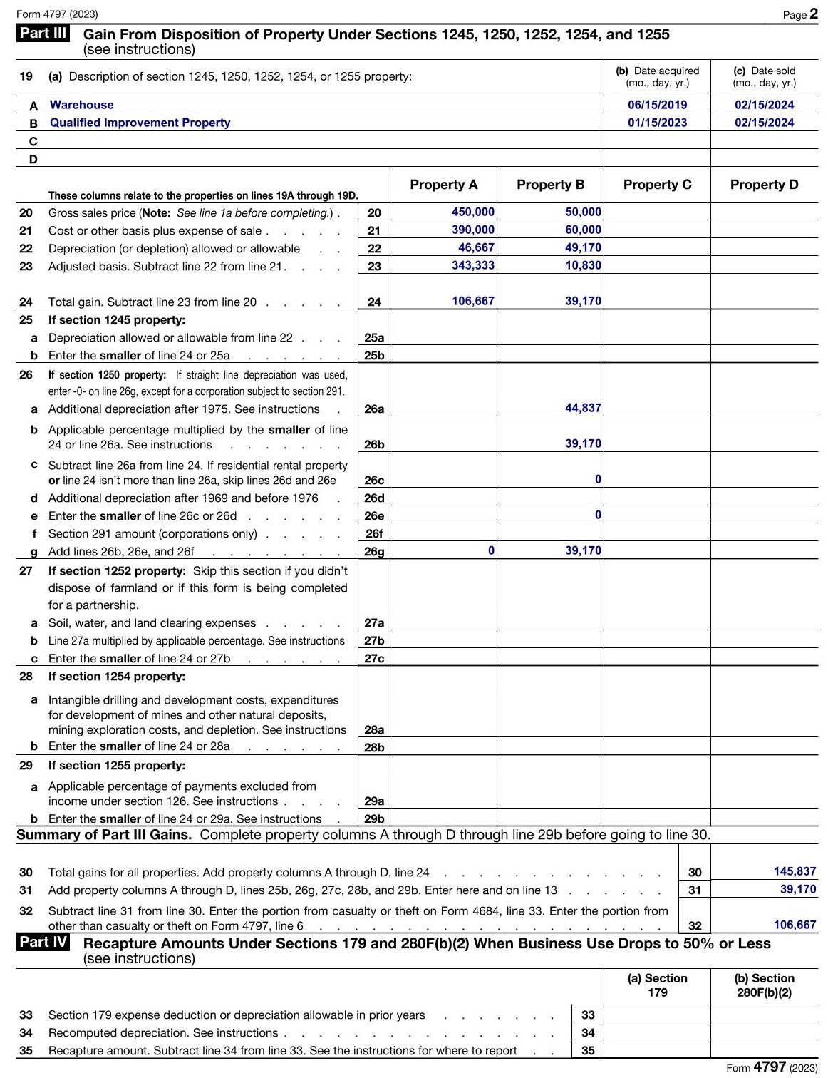 Form 4797 part III completed with two example section 1250 asset disposals.