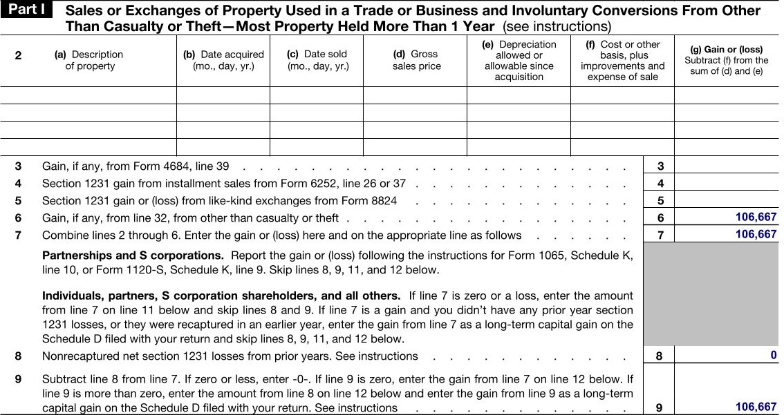 Form 4797, Part I showing 1231 gain flowing from Part III, line 32.