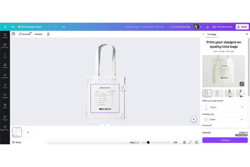 Tote bag being designed in Canva's editing platform.