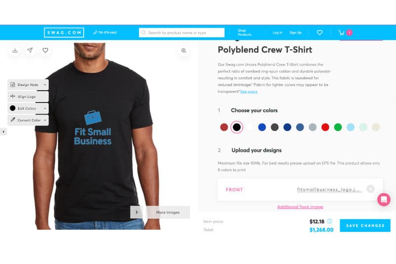 Customizing a T-shirt inside Swag.com's editing platform.