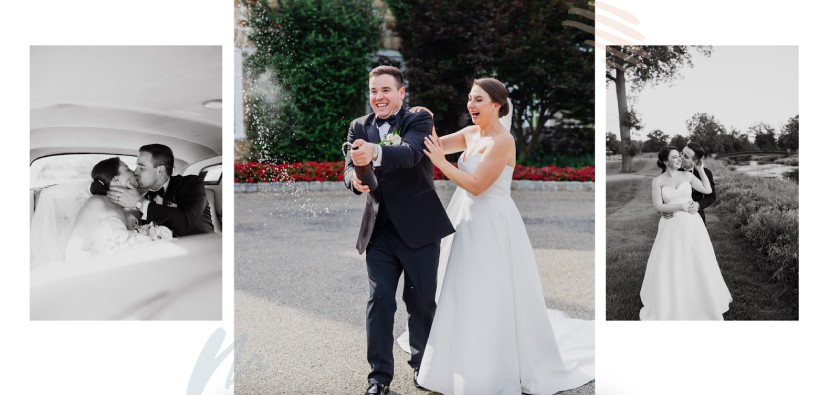 Triptych of a bride and groom in photos.