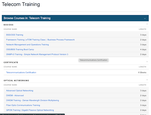 A list of Tonex Telecom Training courses for BSS/OSS, Certificate, and Optical Networking.