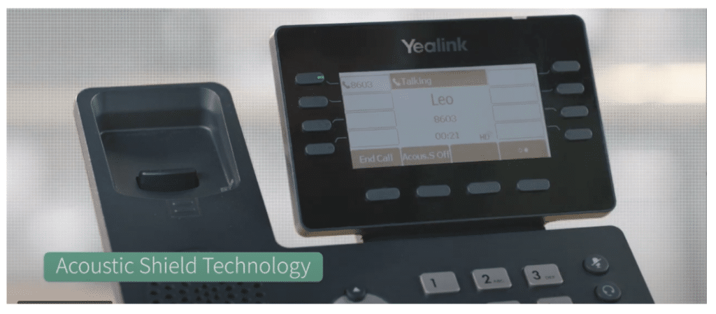 Yealink T54W's LED display showing audio options and call details.