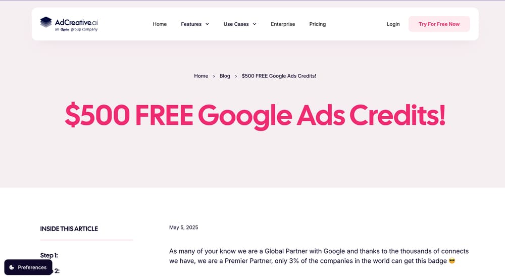 The AdCreative.ai website advertising $500 free Google Ads credits.