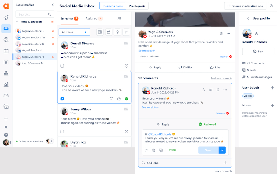 Agorapulse's social media inbox with YouTube comment moderation, post assignment, bookmarking, and labeling options.