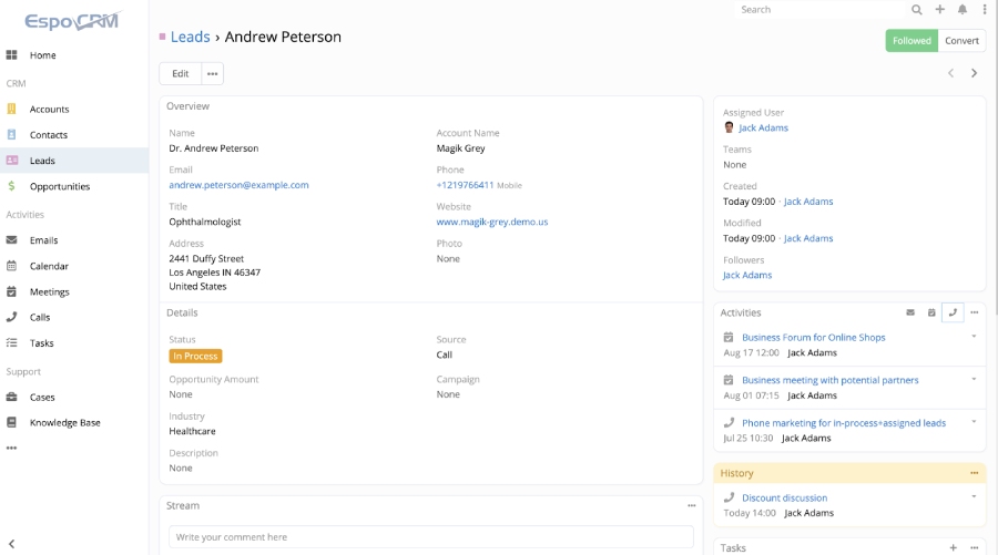 EspoCRM’s lead management dashboard showing prospect data.