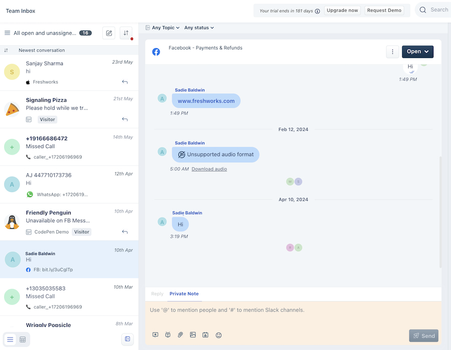 Freshsales' team inbox showing messages from different social messaging platforms accessed via Freshchat integration.