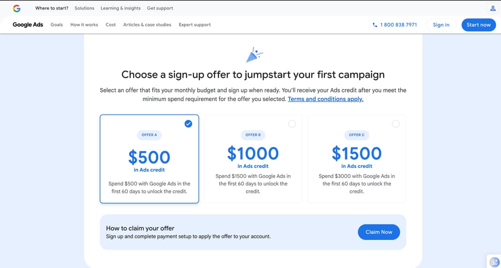 The Google Ads home page with the $500, $1,000, and $1,500 ad coupons.