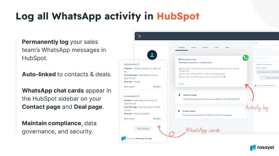 Permanent log of WhatsApp messages and activity in HubSpot CRM.