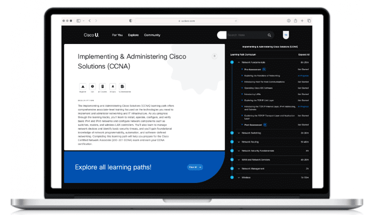 A Macbook laptop displaying Cisco U. Learning Path platform for the CCNA certification exam.