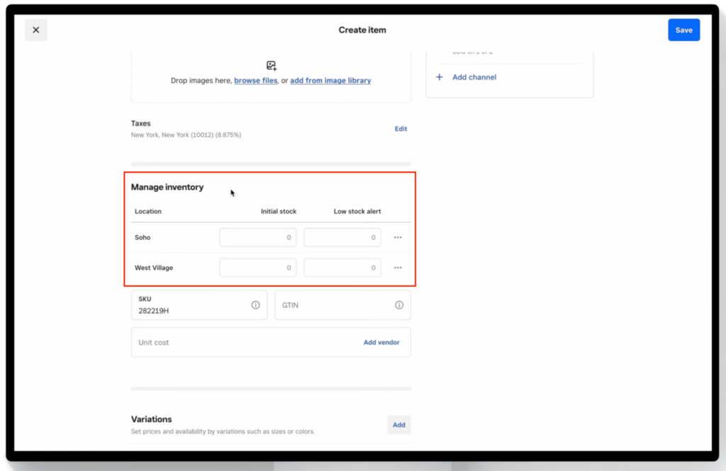 Square item editor showing manage inventory section with stock levels by location