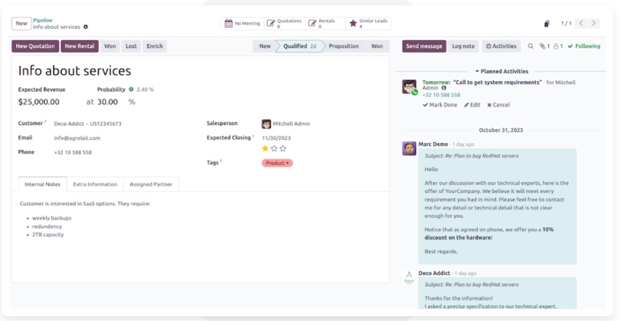 An Odoo CRM dashboard showing all contact details in one place.