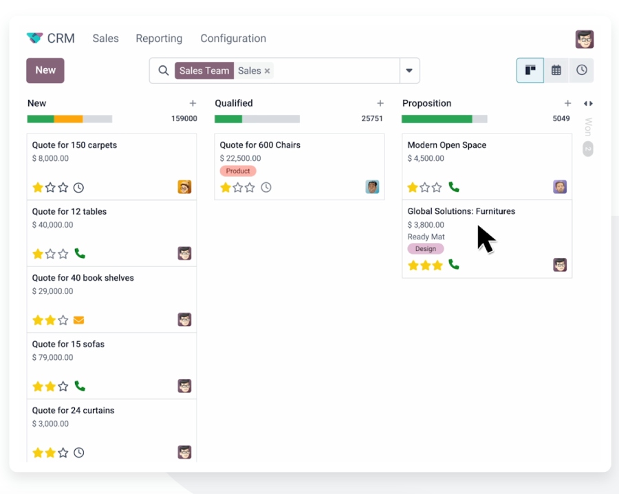 Odoo CRM’s dashboard using a Kanban view.