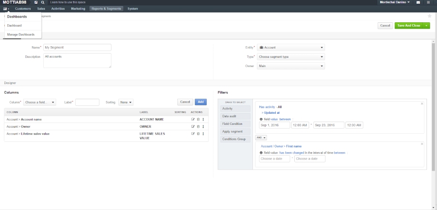 OroCommerce’s dashboard using segmentation features.