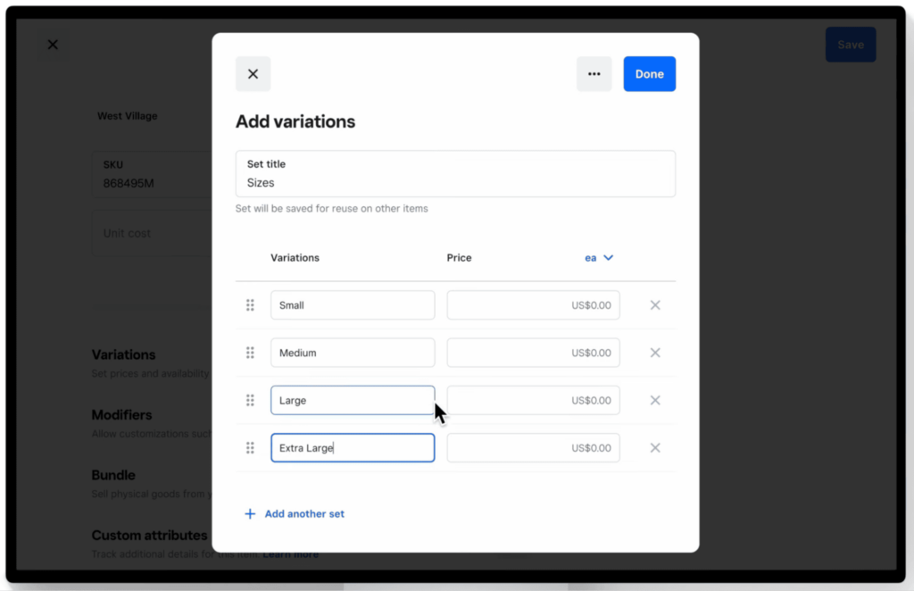 Square Add variations window with size options and pricing fields