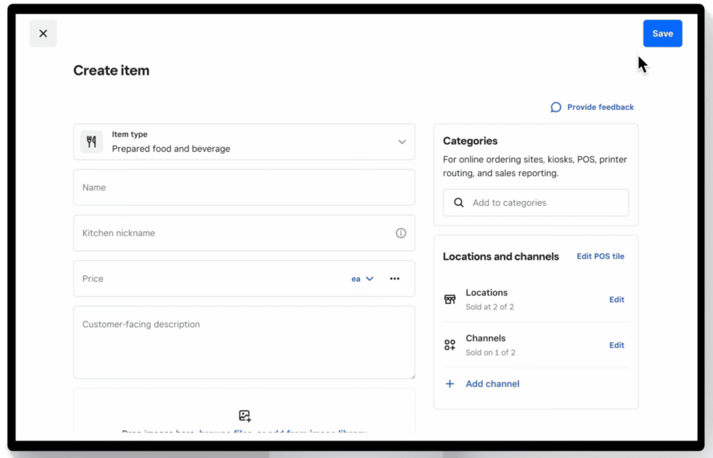 Square Dashboard create item screen with fields for name, price, categories, and locations