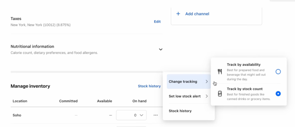 Square inventory settings menu showing track by availability and track by stock count options