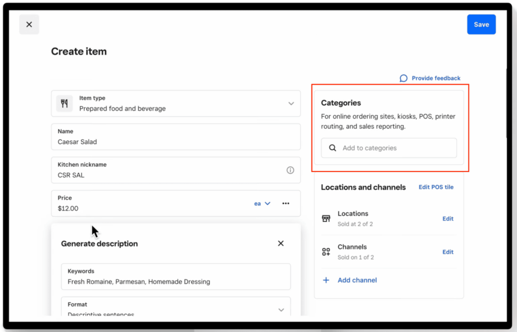 Square item creation screen highlighting category selection field
