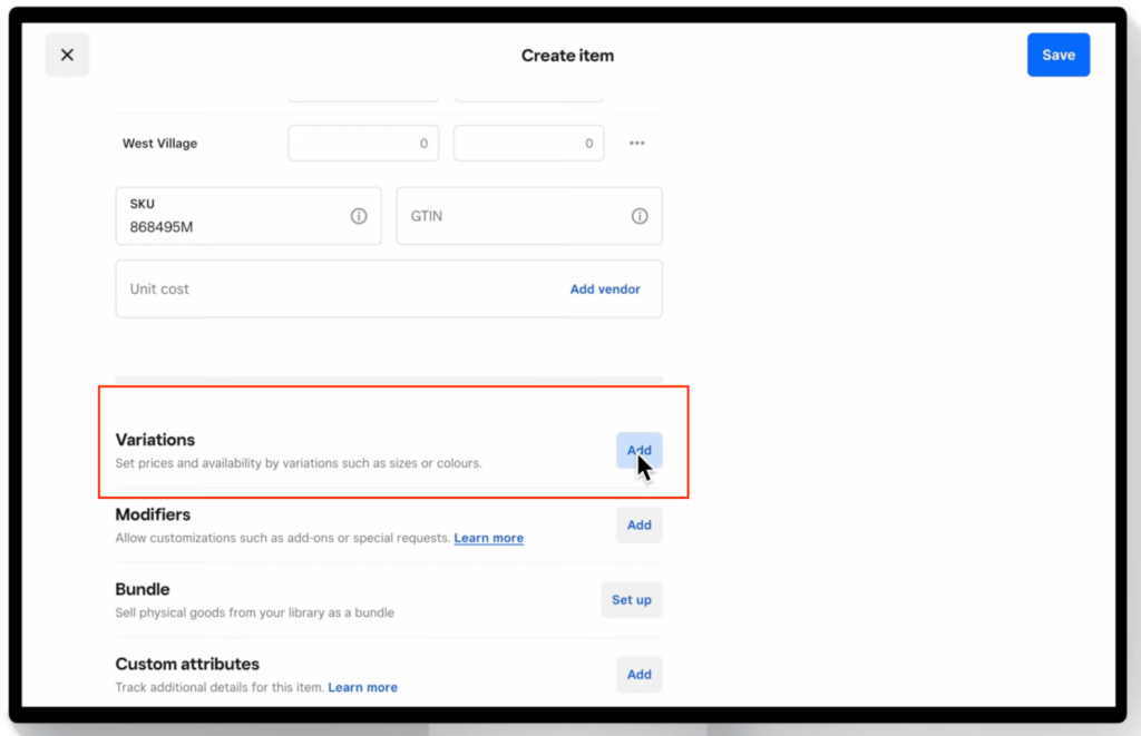 Square item editor showing Variations section with Add button