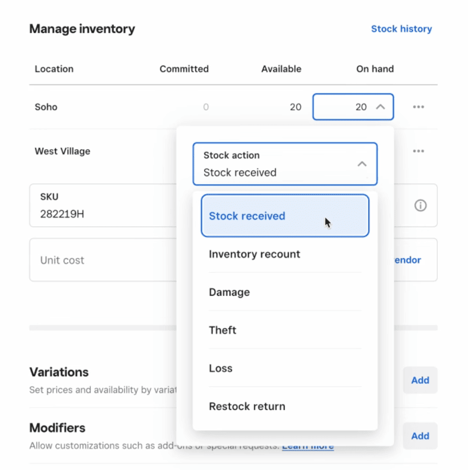 Square inventory dropdown menu showing stock actions like stock received, damage, and theft