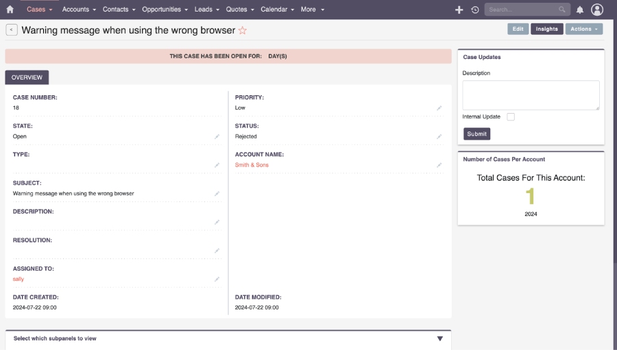 SuiteCRM showing case details.