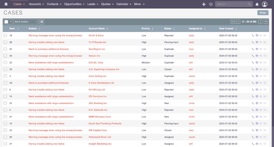 SuiteCRM's case dashboard.