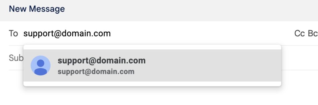 A shared inbox email address reading "support@domain.com."