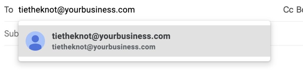 A keywords-based email address reading "tietheknot@yourbusiness.com."
