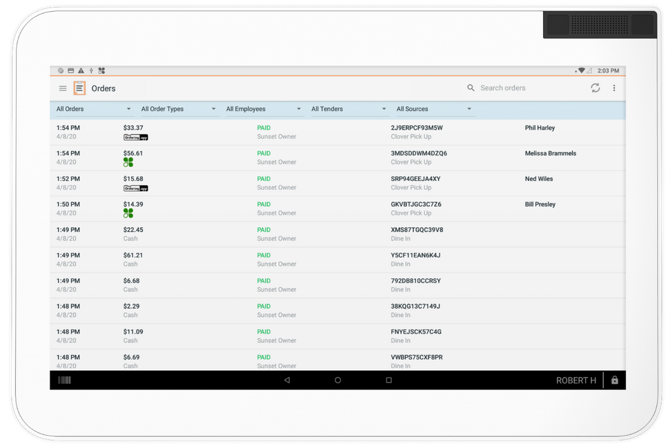 List of orders on Clover POS on a tablet.