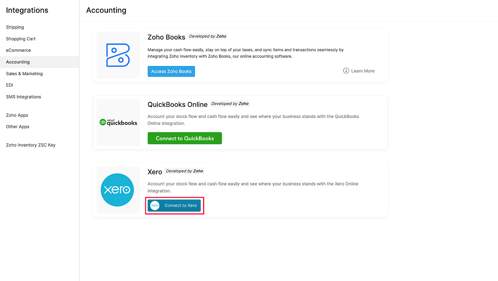 Zoho CRM and Xero integration authorization in the accounting dashboard.